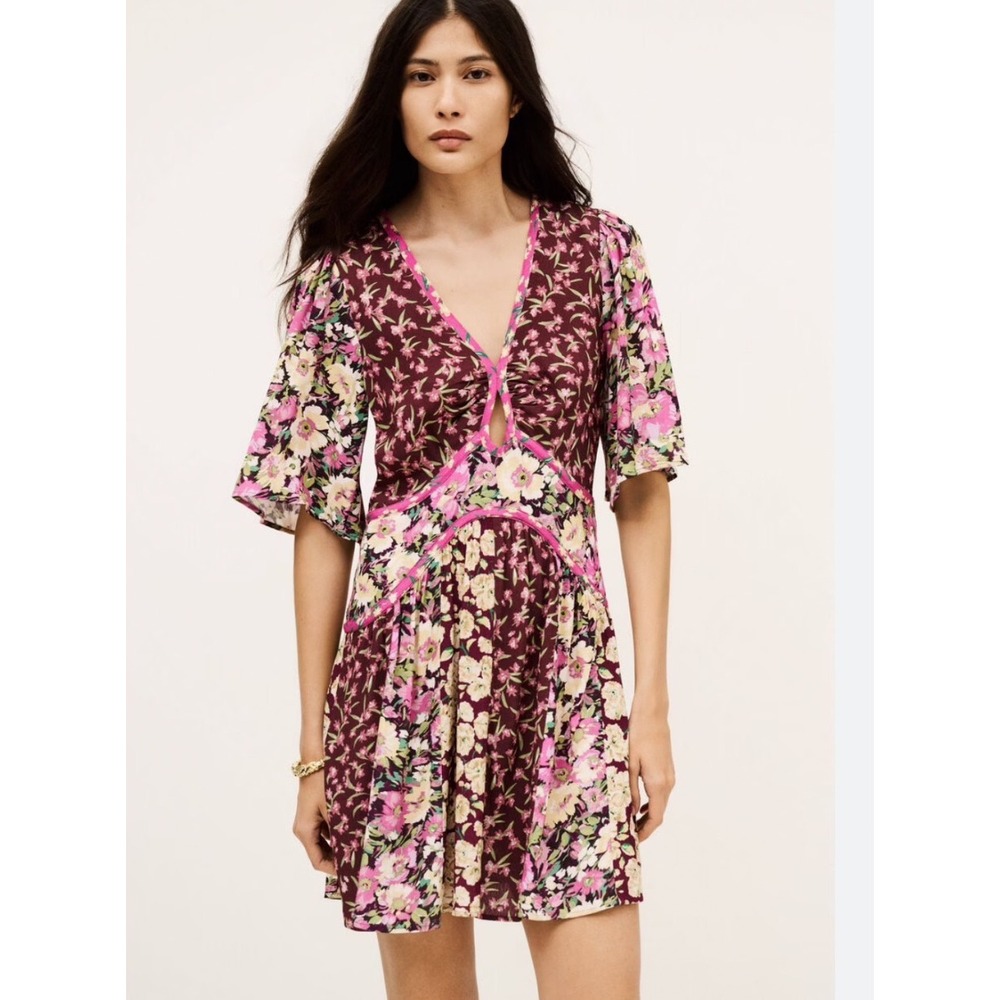 ba&sh Indrea Floral Mini Dress Bordeaux Purple Pink V-Neck Flutter Sleeve Size S
